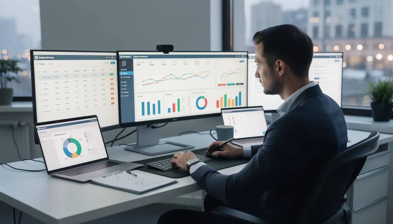 A professional digital marketer is intently analyzing campaign performance data displayed across multiple computer screens, focusing on metrics related to PPC advertising and Google Ads. The screens show various graphs and statistics that reflect the success of different ad campaigns, highlighting the importance of data-driven strategies in optimizing online advertising efforts.