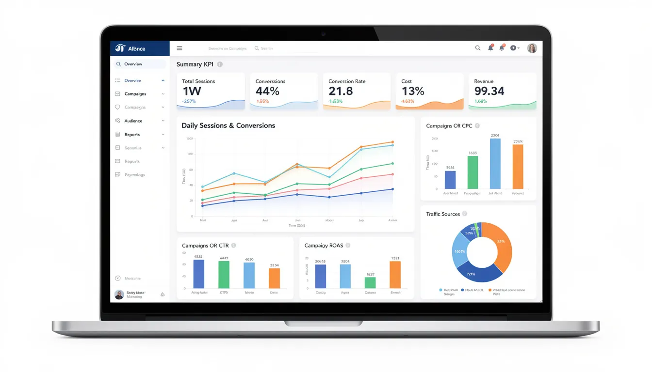 The image depicts an analytics dashboard showcasing campaign performance metrics, including various charts and conversion data, essential for evaluating the success of PPC campaigns and optimizing digital marketing strategies. This dashboard is a valuable tool for a Google Ads consultant or PPC specialist to track ad spend and conversion rates effectively.