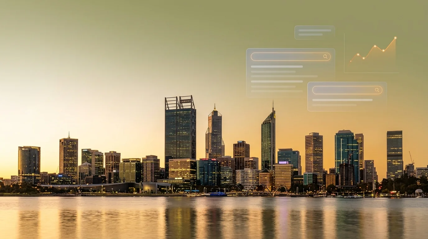 Perth city skyline at dusk with Google Ads performance graphics overlay